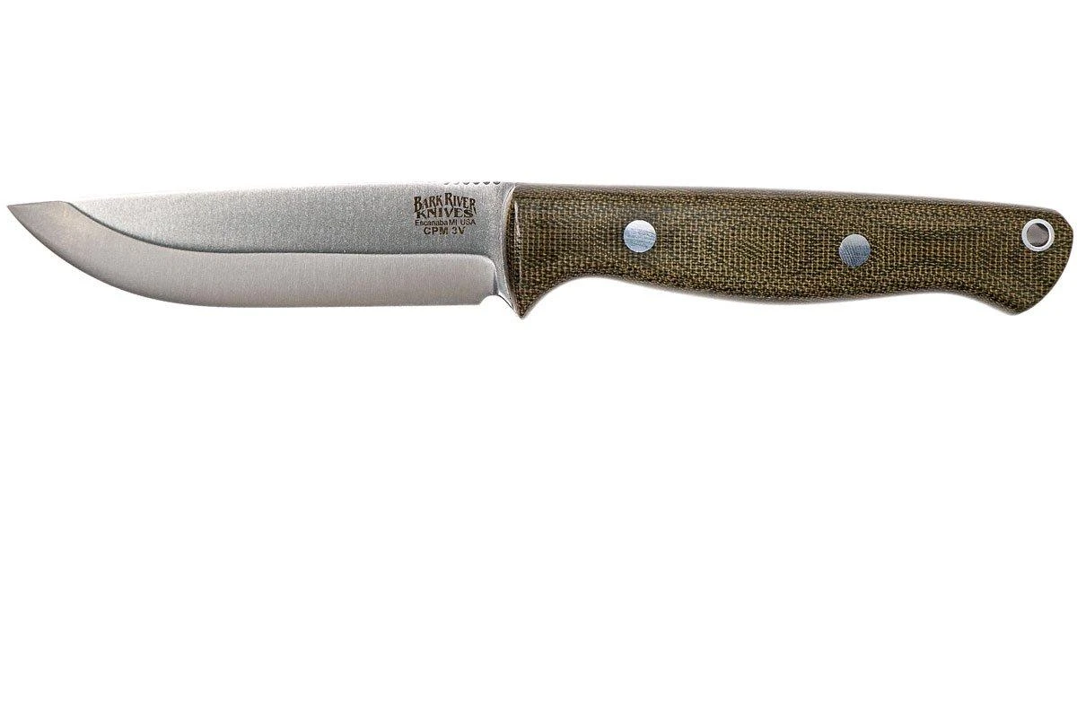 Bark River Gunny Scandi CPM 3V, Green Canvas Micarta, Funda Marr贸n