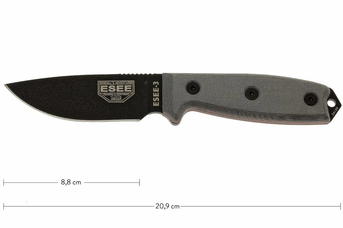 ESEE Model 3 Black Blade, Grey Handle 3P-KO Cuchillo De Supervivencia Sin Funda