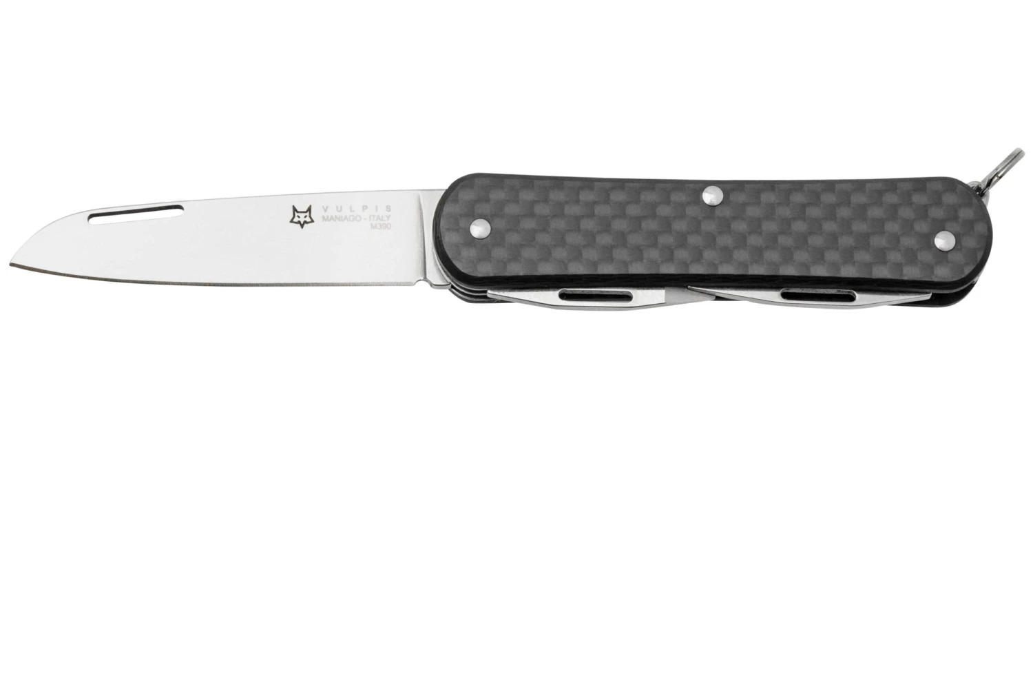 FOX Vulpis 3-Tools FX-VP130-3CF, M390, Black Carbon Fiber, Navaja Suiza