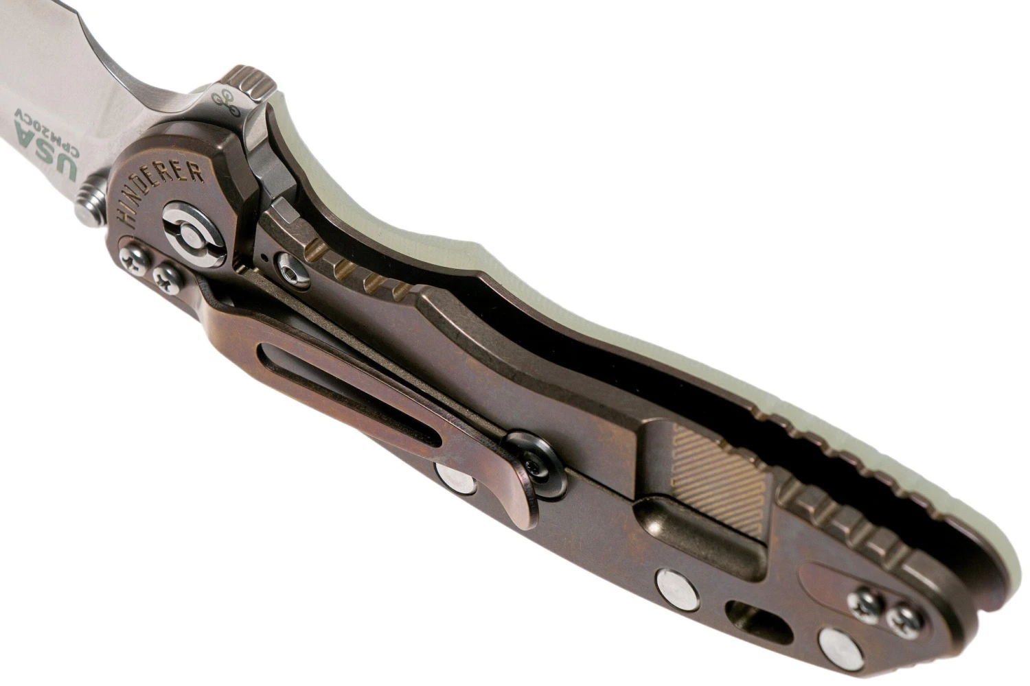 Rick Hinderer XM18 3.5” Recurve, CPM 20CV, Stonewash, Bronze, Translucent G10, Navaja - Imagen 5