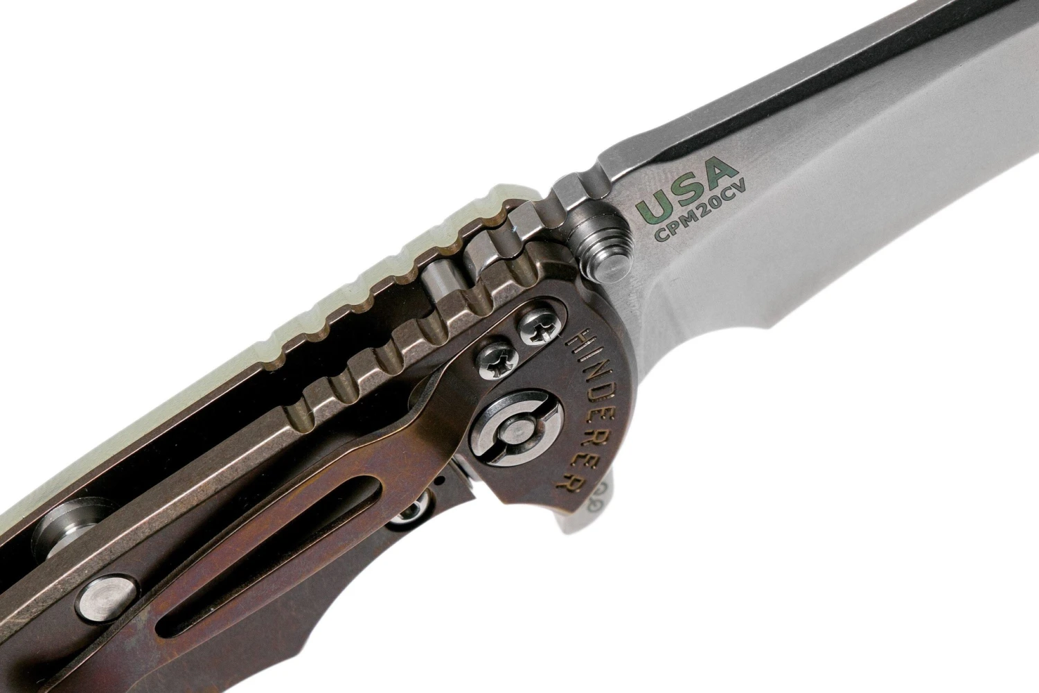 Rick Hinderer XM18 3.5” Recurve, CPM 20CV, Stonewash, Bronze, Translucent G10, Navaja - Imagen 6