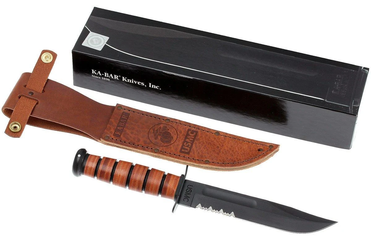 KA-BAR USMC 1218 Parcialmente Dentado Con Mango Y Funda De Cuero - Imagen 8