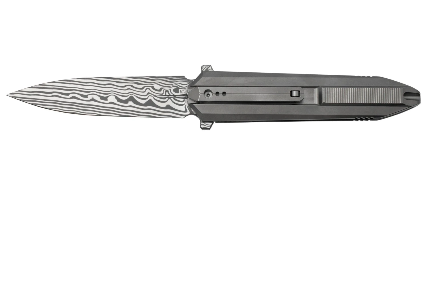 WE Knife Diatomic WE22032-DS1 Gray Bead Blast Titanium, Hakkapella Damasteel Single Edge Navaja