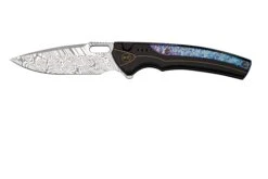 WE Knife Exciton Black Titanium Flamed Titanium, Heimskringla Damasteel WE22038A-DS1 Limited Edition Navaja
