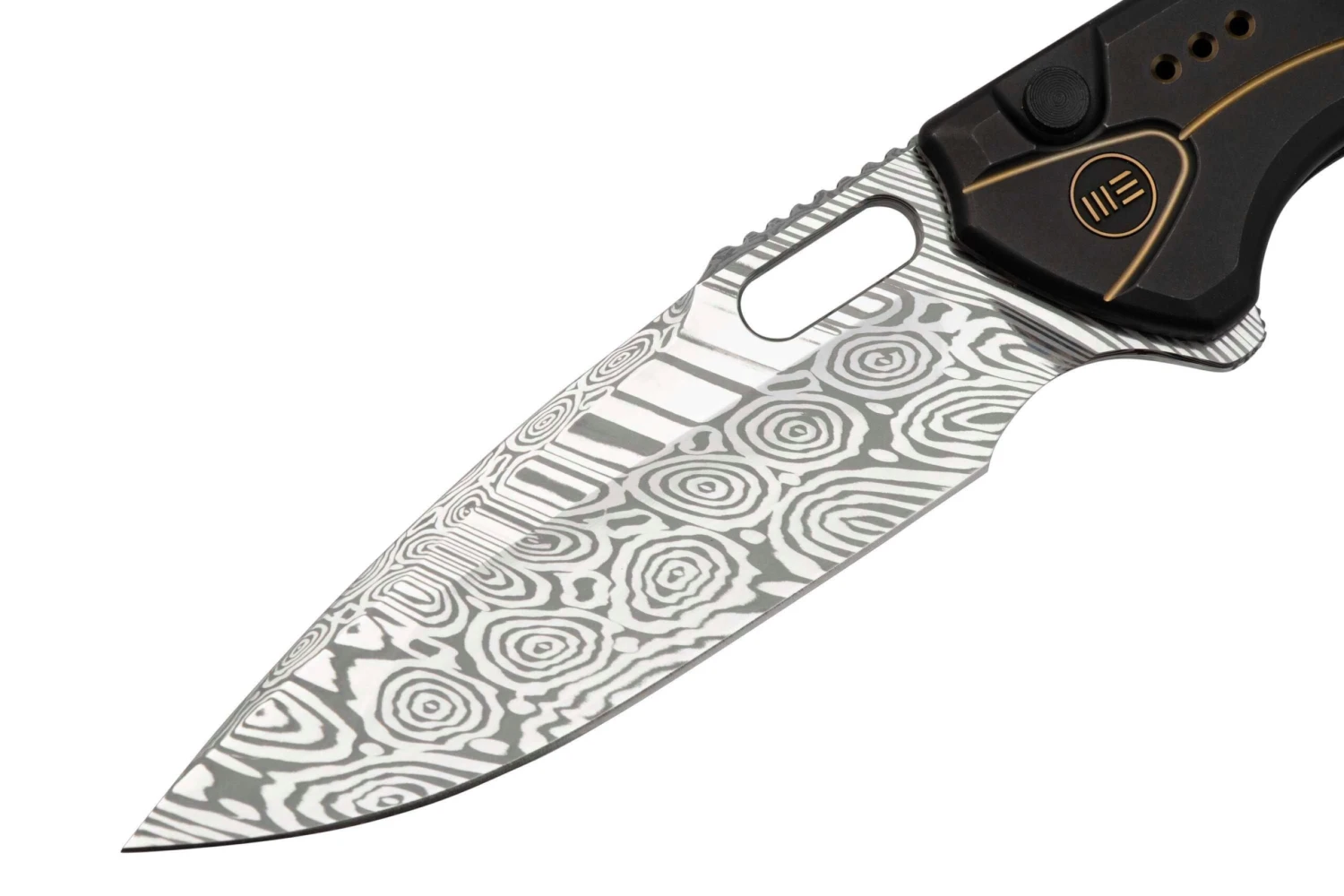 WE Knife Exciton Black Titanium Flamed Titanium, Heimskringla Damasteel WE22038A-DS1 Limited Edition Navaja - Imagen 3