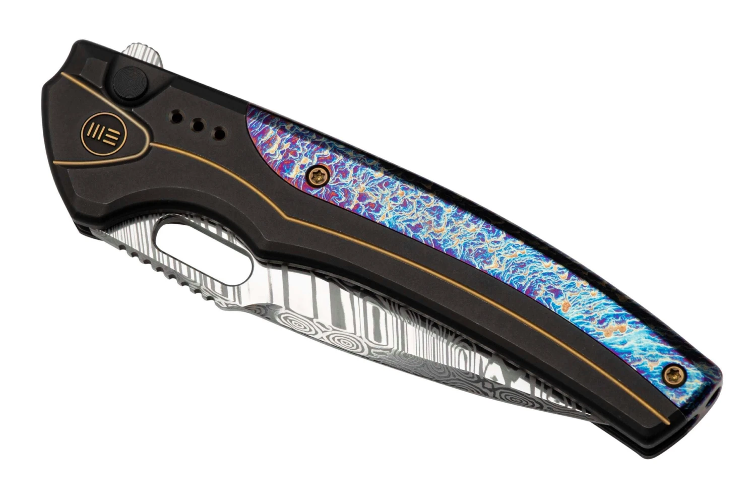 WE Knife Exciton Black Titanium Flamed Titanium, Heimskringla Damasteel WE22038A-DS1 Limited Edition Navaja - Imagen 6