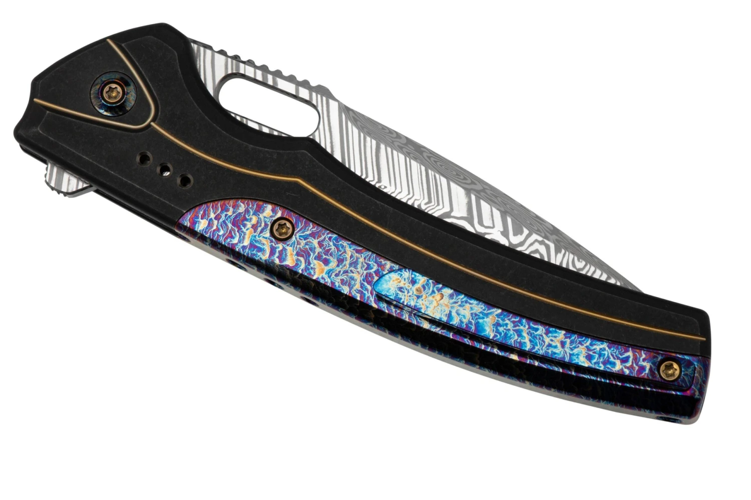 WE Knife Exciton Black Titanium Flamed Titanium, Heimskringla Damasteel WE22038A-DS1 Limited Edition Navaja - Imagen 7